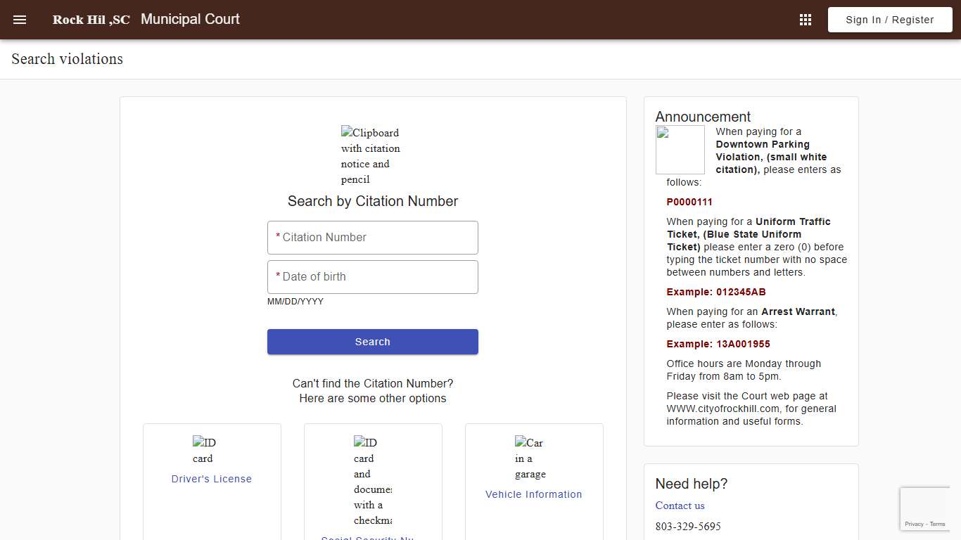 Search - Search violations - Municipal Court - Rock Hill Municipal Court - Municipal Online Services